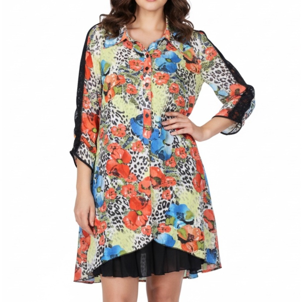PRETTY ANGEL 1/2 Button LINED SILK Lace Detail ANIMAL & FLORAL A-Line Dress XL